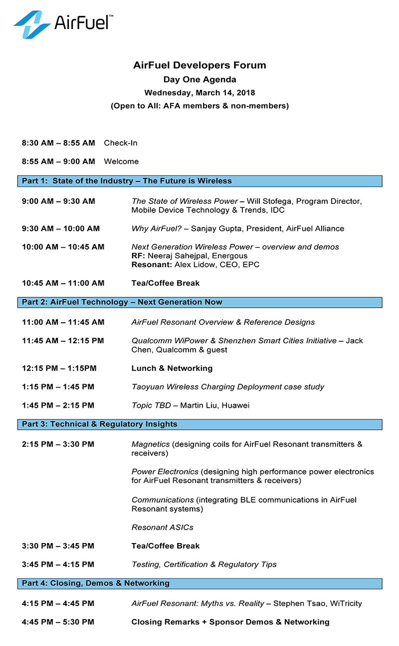 AirFuel無(wú)線(xiàn)充電大會(huì )暨開(kāi)發(fā)者論壇完整日程搶先出爐